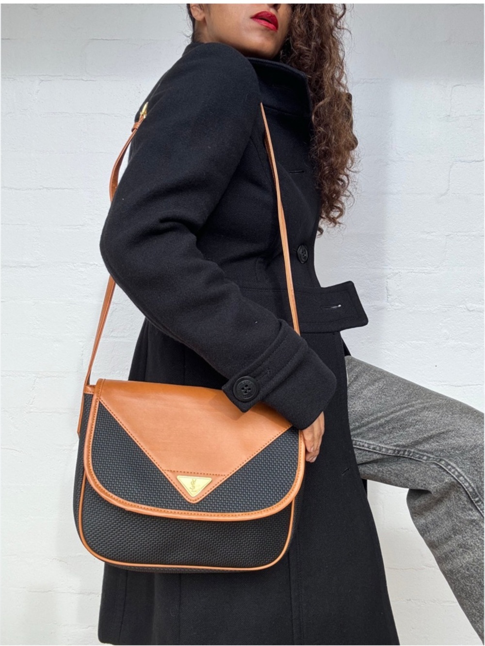 Yves Saint Laurent Vintage Shoulder Bag Navy Brown PVC Leather Authentic